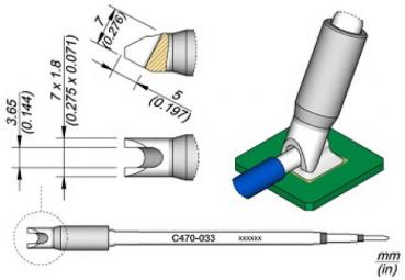 The image displays a technical drawing of a medical instrument featuring a short, round handle and a fine, pointed opening. Dimensions are provided in mm.