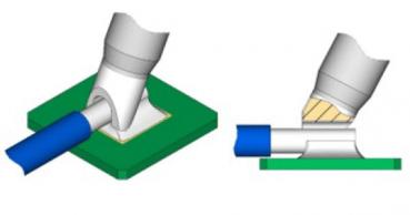 The image shows two schematic representations of a component. On the left side, a connection is visible where a blue wire is inserted into a device. On the right, the device is shown in closer detail, where the wire is held to be attached to a platform.