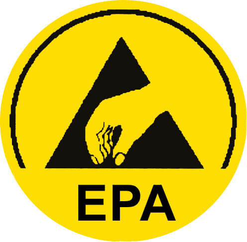 The image shows a yellow circle with a black triangle in the center. Inside this triangle, a hand is depicted. Below it, "EPA" is written in large letters.