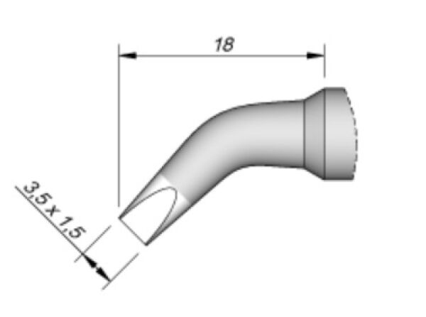 The image depicts a technical illustration of a curved pipe. It has a diameter of 18 mm and an opening of 3.5 x 1.5 mm at one end.