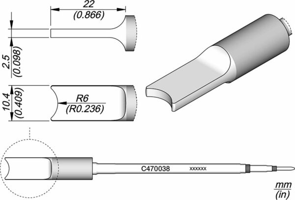 The image displays a technical drawing of a component with various views: from the side, top, and bottom. It includes dimensions in millimeters and features a special shape with rounded edges.