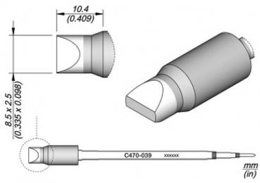 The image shows a technical component in three views. It has a cylindrical shape with a chamfered tip, and dimensions are provided in millimeters.