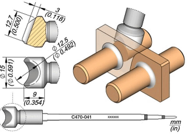 Das Bild zeigt technische Zeichnungen eines mechanischen Teils mit zwei zylindrischen Stangen, einer gekrümmten Fläche und Maßangaben in Millimetern und Zoll.