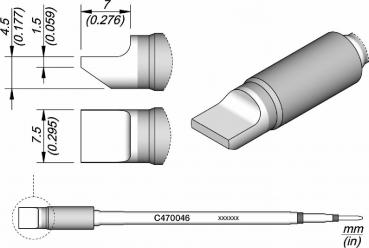 The image displays a technical drawing of a tool with various views. It has a round, cylindrical body with a flat, rectangular end. Dimensions are provided.