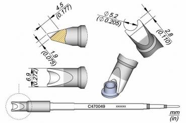 The image displays technical drawings of a pen, including various views and dimensions of the tip, the casing, and the cap. Dimensions are provided in mm and inches.