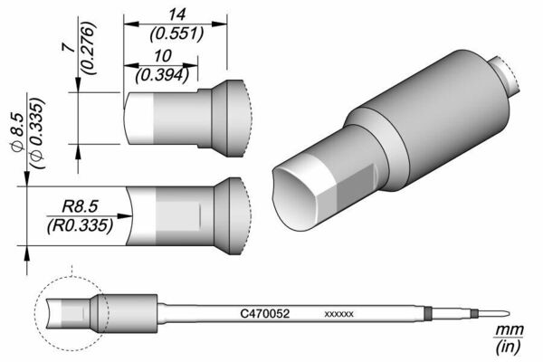 Das Bild zeigt technische Zeichnungen eines zylindrischen Objekts mit Maßen und verschiedenen Ansichten. Es sind sowohl seitliche Ansichten als auch eine Draufsicht zu erkennen, die eine präzise Gestaltung darstellen.