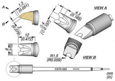 The image displays technical drawings of an object with various views and dimensions. There is a detailed view with various lengths and shapes, as well as a side top view.