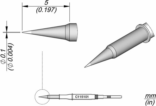 The image shows a technical drawing of a sharp object, likely a nozzle or tip, with dimensions. Multiple views (side and top) are depicted, clarifying the details.