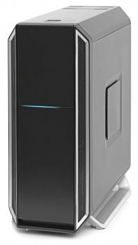 This is a computer case in a modern, rectangular design. It is predominantly black with silver accents and has a narrow, glowing line on the front.