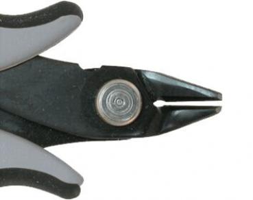 The image shows a pair of pliers with gray and black handles. The halves of the pliers are slightly open, and at the tip, two narrow blades are visible. They are intended for gripping or cutting.