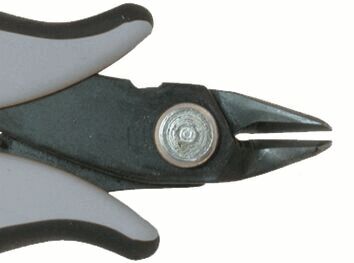 The image shows the tip of a pair of pliers. The pliers have gray, ergonomic handles and a narrow, pointed working surface that is suitable for precise cuts.