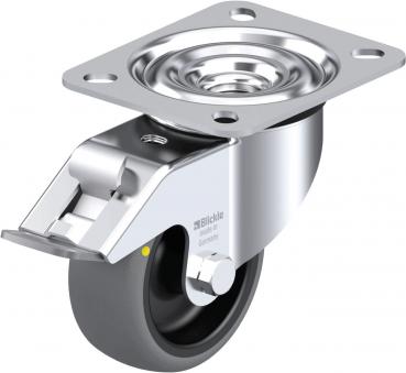 The image shows a stylish metal roller bearing with a round, gray rubber wheel surface. Above, there is a rectangular plate for mounting, with a swivel wheel below.