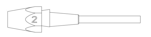 Das Bild zeigt eine schematische Darstellung eines Objekts mit einer spitzen, konischen Form. An der breiteren Seite ist die Zahl "2" abgebildet, während ein dünnerer Schaft daran anschließt.