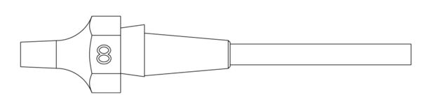 The image displays a technical drawing of a component. It features a wide, rounded front with a notch and a narrow, straight end. It appears symmetrical.