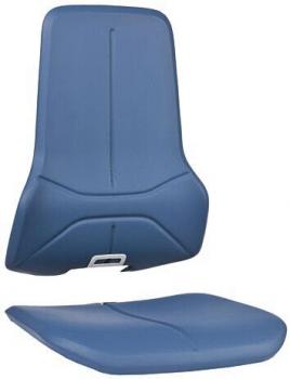 The image shows a blue car seat, consisting of a high backrest and a flat seating area. The surface is smooth and soft, with clear lines and modern design.