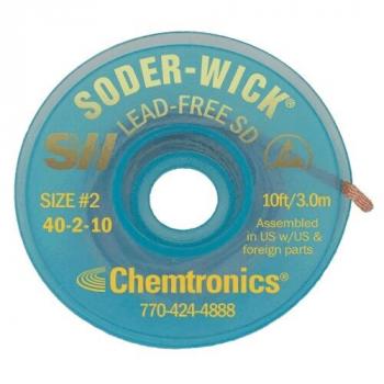 The image shows a blue spool with the text "SODER-WICK LEAD-FREE SD". There is a hole in the middle, and there are details about the size and length of the product. The back contains a phone number.