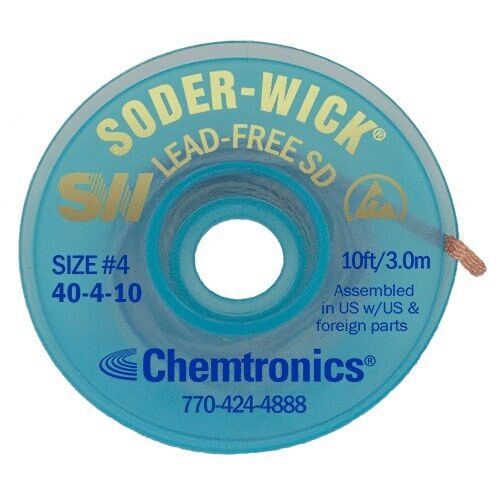 The image displays a small spool with a diameter of about 7 cm. It is transparent and bears the inscription "SODER-WICK LEAD-FREE SD". There is a hole in the center.