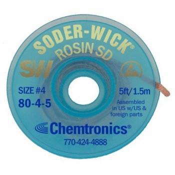 The image shows a round, transparent spool with a blue coloration. The words "SODER-WICK" and "ROSIN SD" are printed on it. There is a hole in the center, and there is a string protruding.