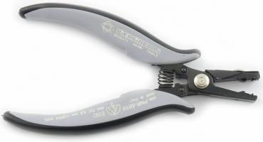 The image shows a wire cutter pliers with gray, ergonomic grips. The pliers have a metal opening for cutting and a spring mechanism for easy handling.