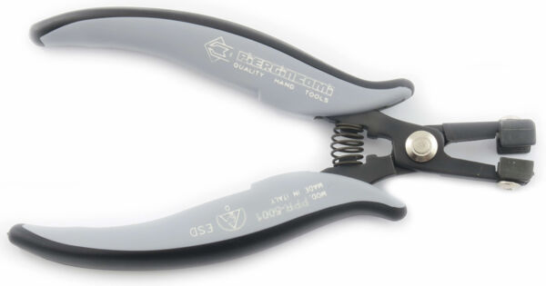 The image shows a pair of pliers with gray rubber handles and a metal mechanism in the center. It has a narrow, pointed shape, ideal for gripping or cutting small objects.