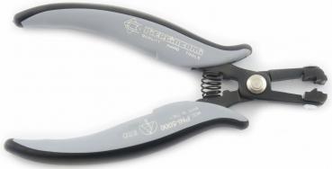 The image shows a pair of pliers with gray, rubberized handles and a black metallic tip. The pliers have a spring-loaded opening and are suitable for precise gripping.