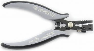 This is a pair of pliers with gray, ergonomic handles and a black metal head. It has a spring in the middle area and a small slot for cutting or stripping wires.