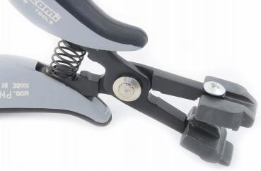 The image shows a pair of pliers with gray and black plastic handles. It has a spring tension and at the front, a specially shaped strong clamp.