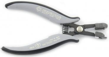 The image shows a pair of pliers with curved, non-slip handles in gray and black. The head has special openings for cutting or gripping objects. It is lightweight and ergonomic.