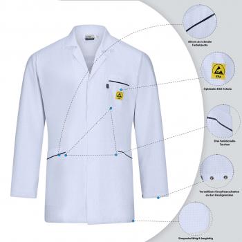 The image shows a white lab coat with long sleeves. It features a breast pocket, a narrow collar, and matching buttons. Details about the material quality are displayed along the edge.