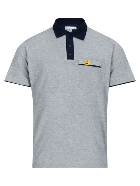 The image shows a gray polo shirt with short sleeves. It has a dark collar and a small chest pocket with a yellow logo.