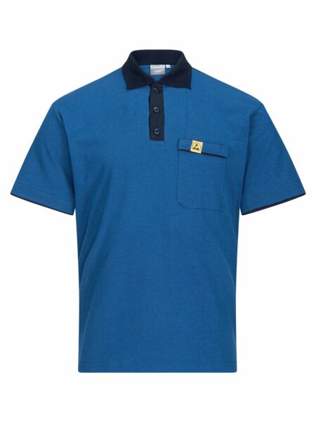 The image shows a short-sleeved polo shirt in vibrant blue. It features a dark collar, three buttons, and a small chest pocket, which is also adorned with a logo patch.