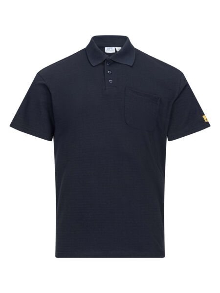 The image shows a simpler, dark blue polo shirt. It has a collar, a short button placket, and a chest pocket on the left side. A small logo is attached to the right sleeve.