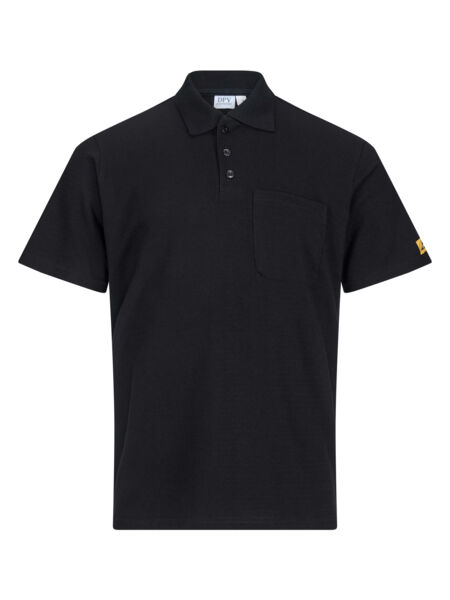 Das Bild zeigt ein schwarzes Poloshirt. Es hat einen klassischen Kragen, kurze Ärmel und eine Brusttasche. Auf dem rechten Ärmel ist ein gelbes Logo zu sehen. Das Material wirkt schlicht und elegant.