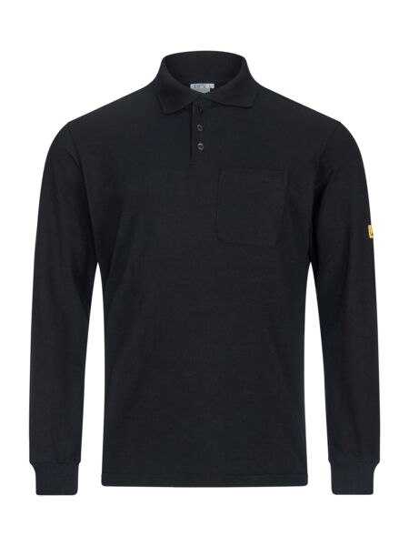 The image displays a black long-sleeve polo shirt featuring a short collar and a small chest pocket. There is a yellow label on one sleeve. The fabric appears sturdy and simple.