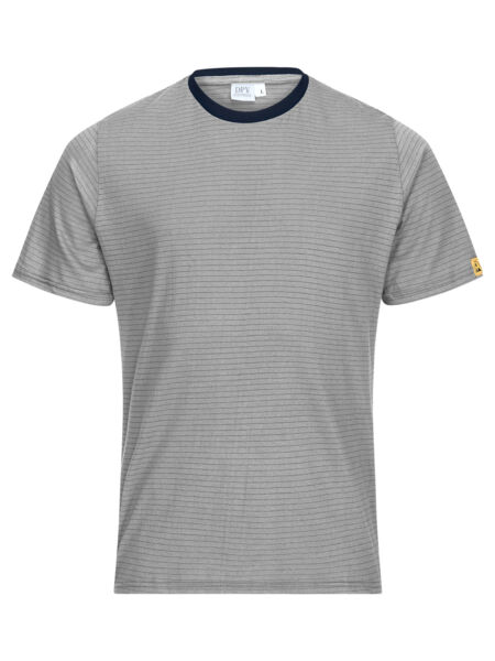 The image shows a gray striped T-shirt with a tight, dark blue crew neck. There is a small, yellow logo on the left shoulder.