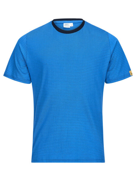 The image shows a short-sleeved, bright blue T-shirt with fine horizontal stripes. The collar is black and simple. It looks modern and sporty.