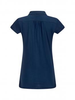 The image shows a dark blue polo shirt with short sleeves. It features a pointed collar and a slightly gathered back section. The fabric appears smooth and casual.