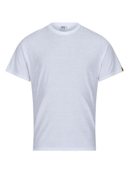 The image shows a light blue t-shirt with fine white stripes. It has short sleeves and a round neckline. The surface appears smooth and plain, without any conspicuous decorations.