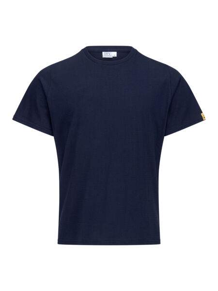 The image shows a simple, dark blue T-shirt. It has short sleeves and a round neckline. There is a small, yellow logo on one sleeve. The T-shirt appears casual and unobtrusive.