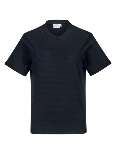 The image shows a black V-neck t-shirt with short sleeves. It has a simple, straight fit and a textile structure. The design is simple and timeless.