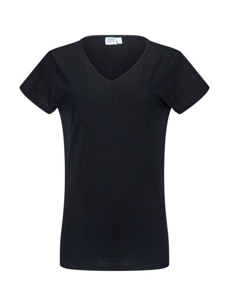 The image displays a black V-neck T-shirt with short sleeves. The fabric appears soft and lightweight, perfect for casual occasions. The fit is slim and simple.