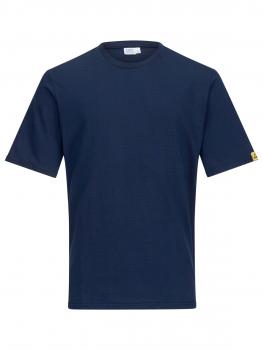 The image shows a solid, dark blue t-shirt with short sleeves. It has a round neckline and is plain, with no patterns or prints. A small logo is located at the bottom edge.