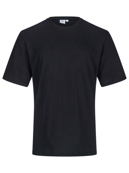 The image displays a simple, black T-shirt. It features short sleeves and a round neckline. The fabric appears smooth and inconspicuous, without patterns or special details.