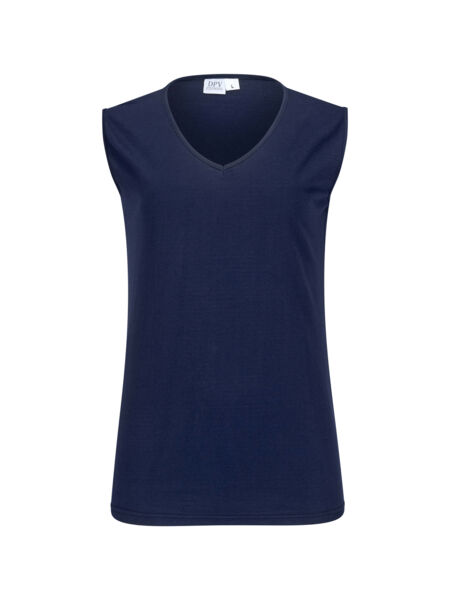 The image shows a sleeveless, navy-blue top with a V-neckline. The fabric appears soft and cozy, ideal for warm days or as an underlayer. It has a simple, elegant shape.