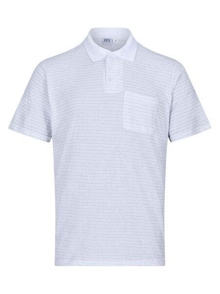 The image shows a light blue polo shirt with short sleeves. It features fine, even stripes and a chest pocket on the left side. The collar is classic.