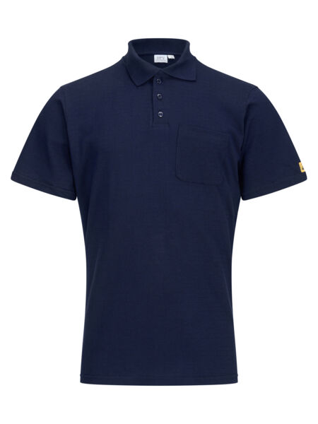 The image shows a navy blue polo shirt with short sleeves. It has a classic collar, three buttons, and a small chest pocket on the left side.