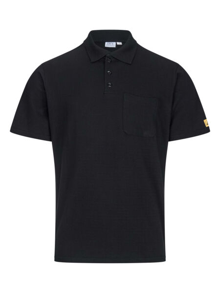 Das Bild zeigt ein schwarzes Poloshirt. Es hat einen kurzen Kragen, einen Knopfverschluss und eine kleine Brusttasche auf der linken Seite. An einem Ärmel ist ein gelbes Logo sichtbar.