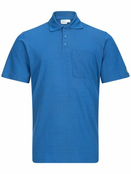 The image shows a short, blue polo shirt with a collar. It has three buttons at the front and a small breast pocket on the left side. The fabric has a fine, horizontal striped texture.