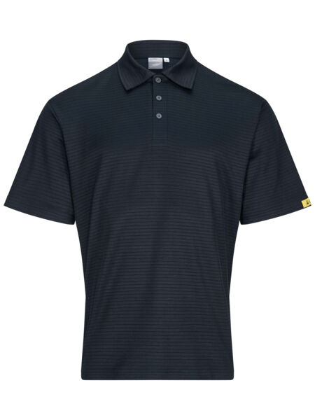 The image shows a dark blue polo shirt with short sleeves and a classic collar. It has three buttons at the neckline and fine stripes. There is a yellow logo at the corner.