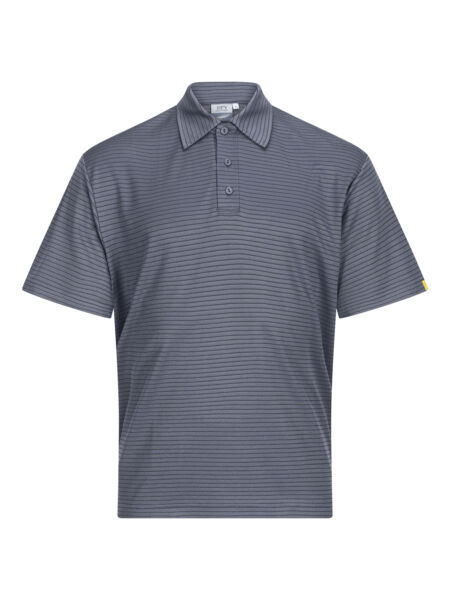 The image shows a short-sleeved polo shirt in dark blue with fine horizontal stripes. It features a collar and three buttons on the front. The fit appears sporty.